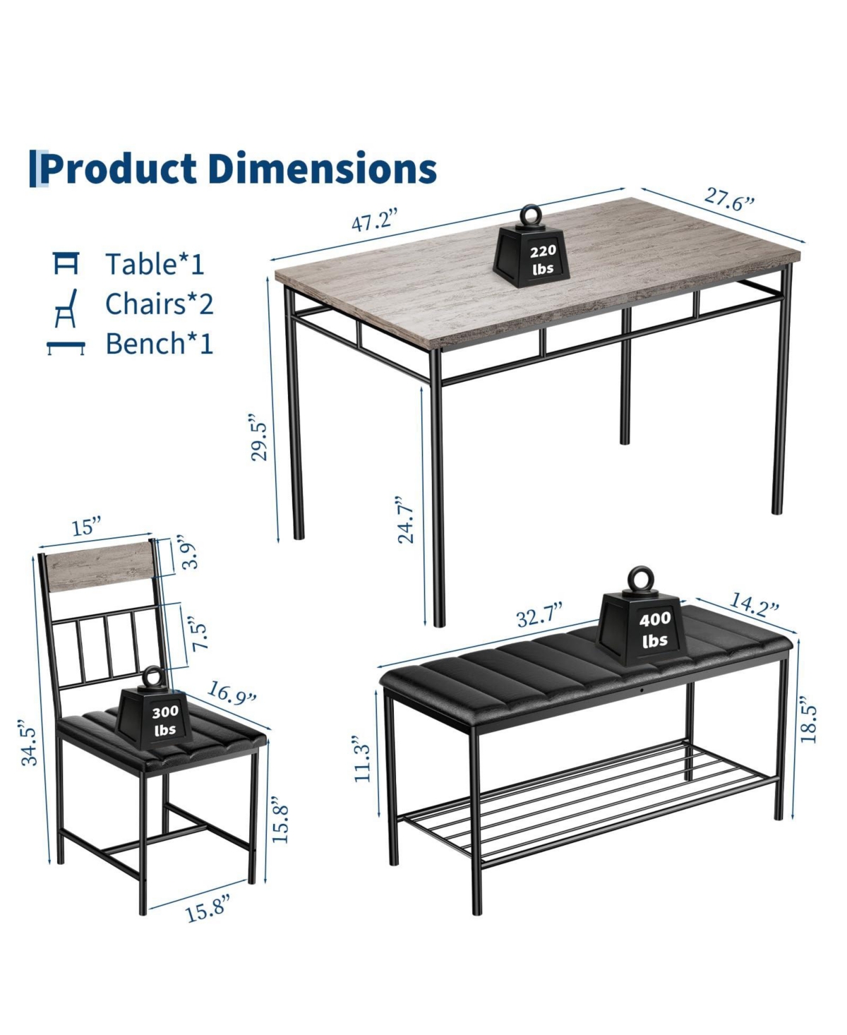 gaomon 4-Piece Kitchen Dining Table Set for 4 with 2 Upholstered Chairs and Padded Bench