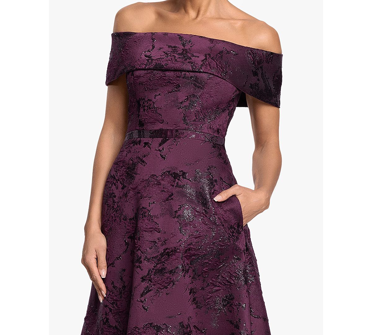 XSCAPE Women's Off-The-Shoulder Brocade Print Ball Gown view 3 — MAYCSS fashion products