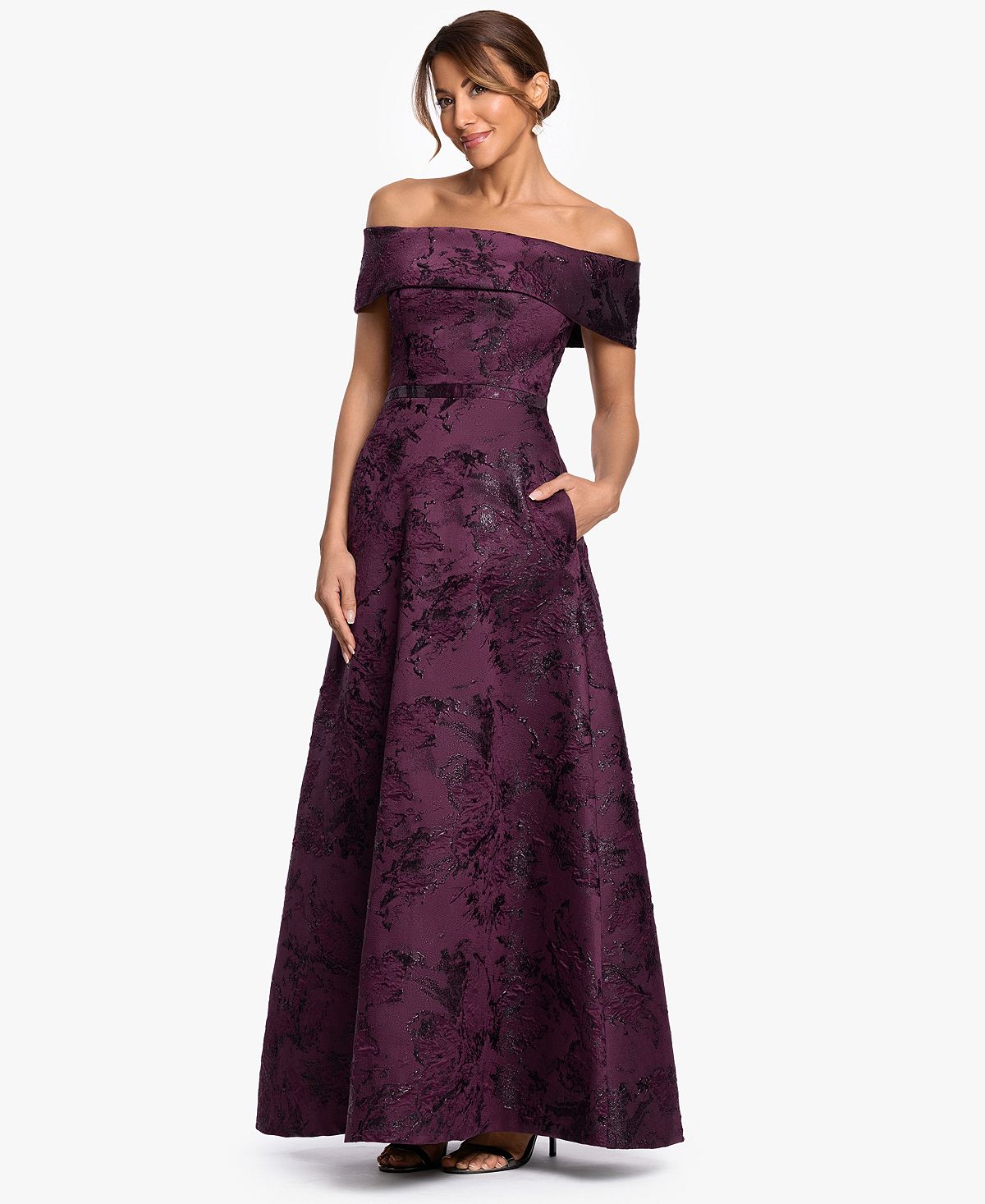 XSCAPE Women's Off-The-Shoulder Brocade Print Ball Gown view 2 — MAYCSS fashion products