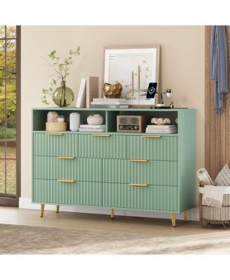7 Drawers Dresser for Bedroom, 54" Wide Dressers with LED Lights and Charging Station, Curved Profile Design, Fluted Wood Drawers with Handle