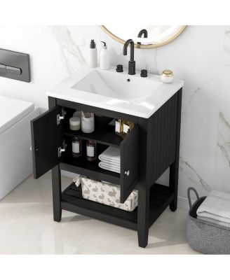 24 Inch Modern Freestanding Bathroom Vanity with Semilune Ceramic Sink, Solid Wood Frame and Open Shelf Storage