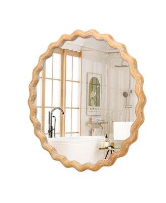 27.5 Inch Farmhouse Wavy Round Mirror Whitewash Wood Edge Wall Mounted Vanity Mirror Multipurpose Decorative Mirror for Indoor Home