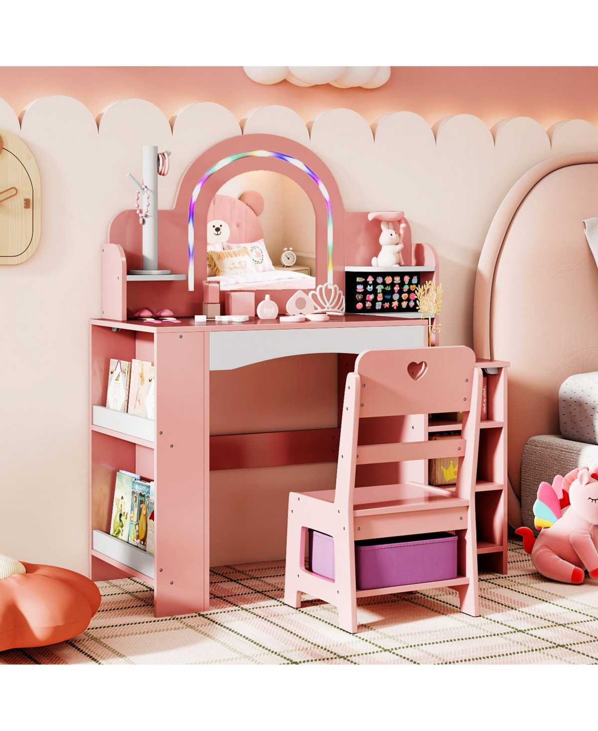 Slickblue Kids Makeup Vanity Table and Chair Set with Color Changing Led Lights