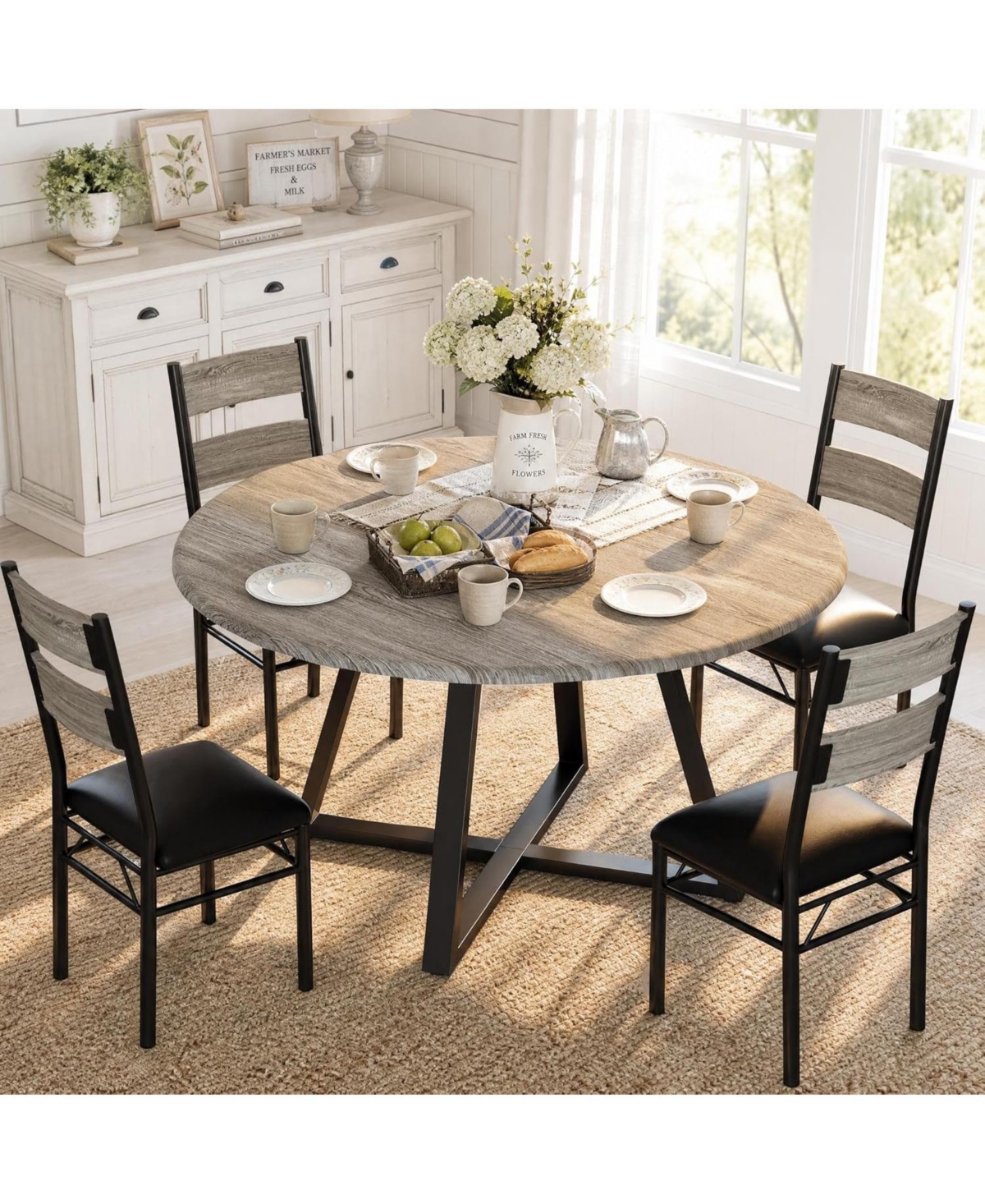 homfan 5-Piece Round Dining Set for 4 Sturdy Wooden Table and 4 Upholstered Chairs, Space-Saving Design for Apartments and Small Dining Rooms