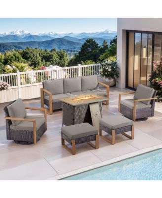 6 Pieces Patio Furniture Set, Outdoor Wicker Sofa Couch with Fire Pit Table, Ottomans and Cushions, All Weather Rattan Conversation Set