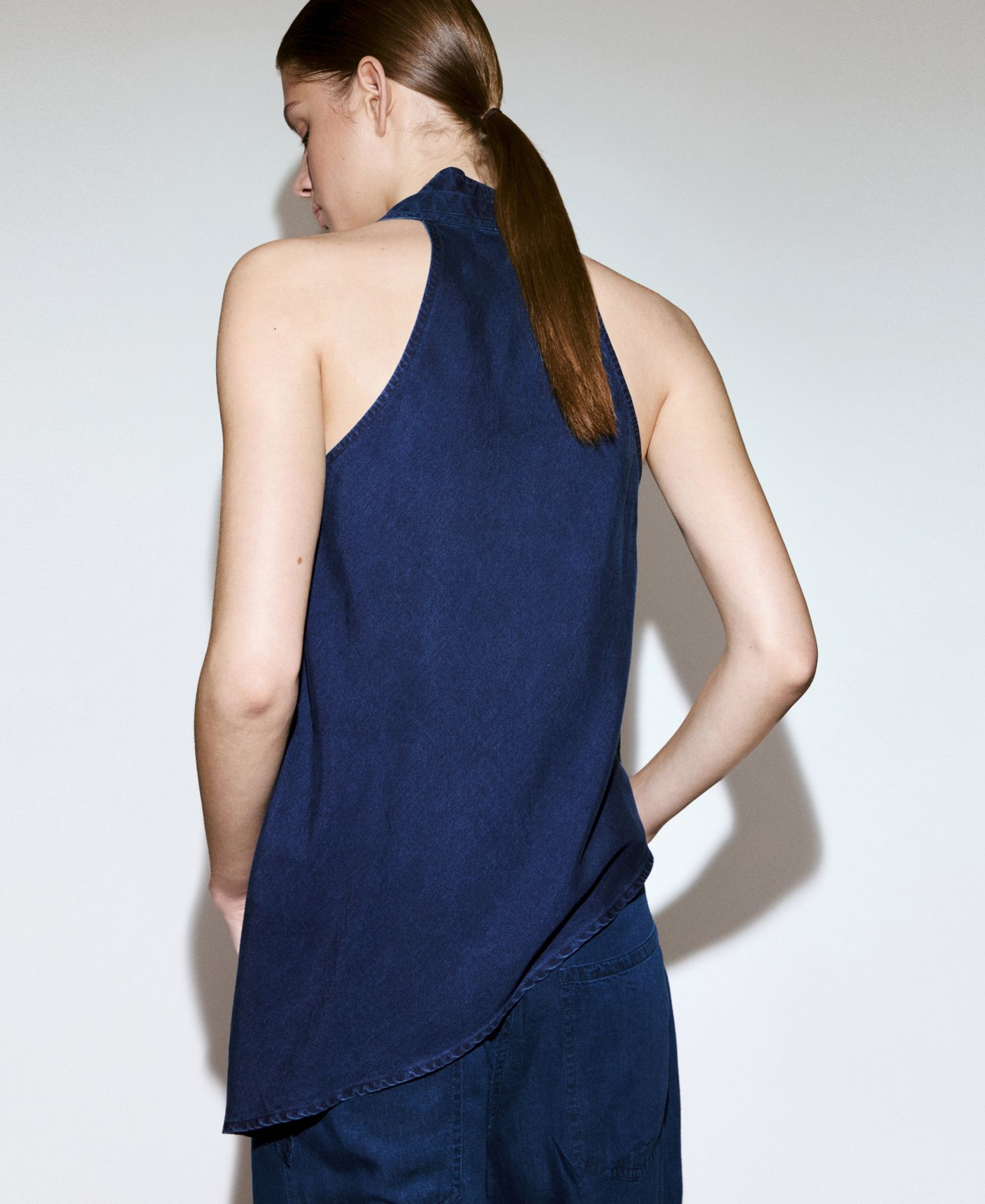 Women's Asymmetrical Denim Halter Neck Top