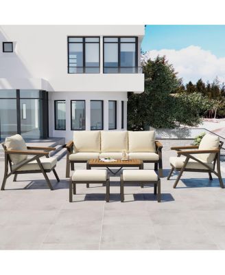 6-Piece Outdoor Patio Furniture Set with Acacia Coffee Table and Ottomans