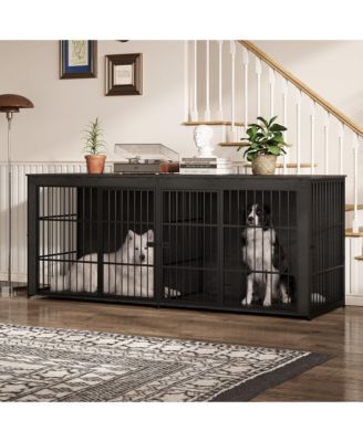 Heavy Duty Wooden Dog House Furniture, Double 3-in-1 Kennel, Multifunctional End Table TV Stand, Adjustable Feet