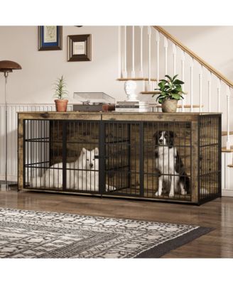 Heavy Duty Wooden Dog House Furniture, Double 3-in-1 Kennel, Multifunctional End Table TV Stand, Adjustable Feet