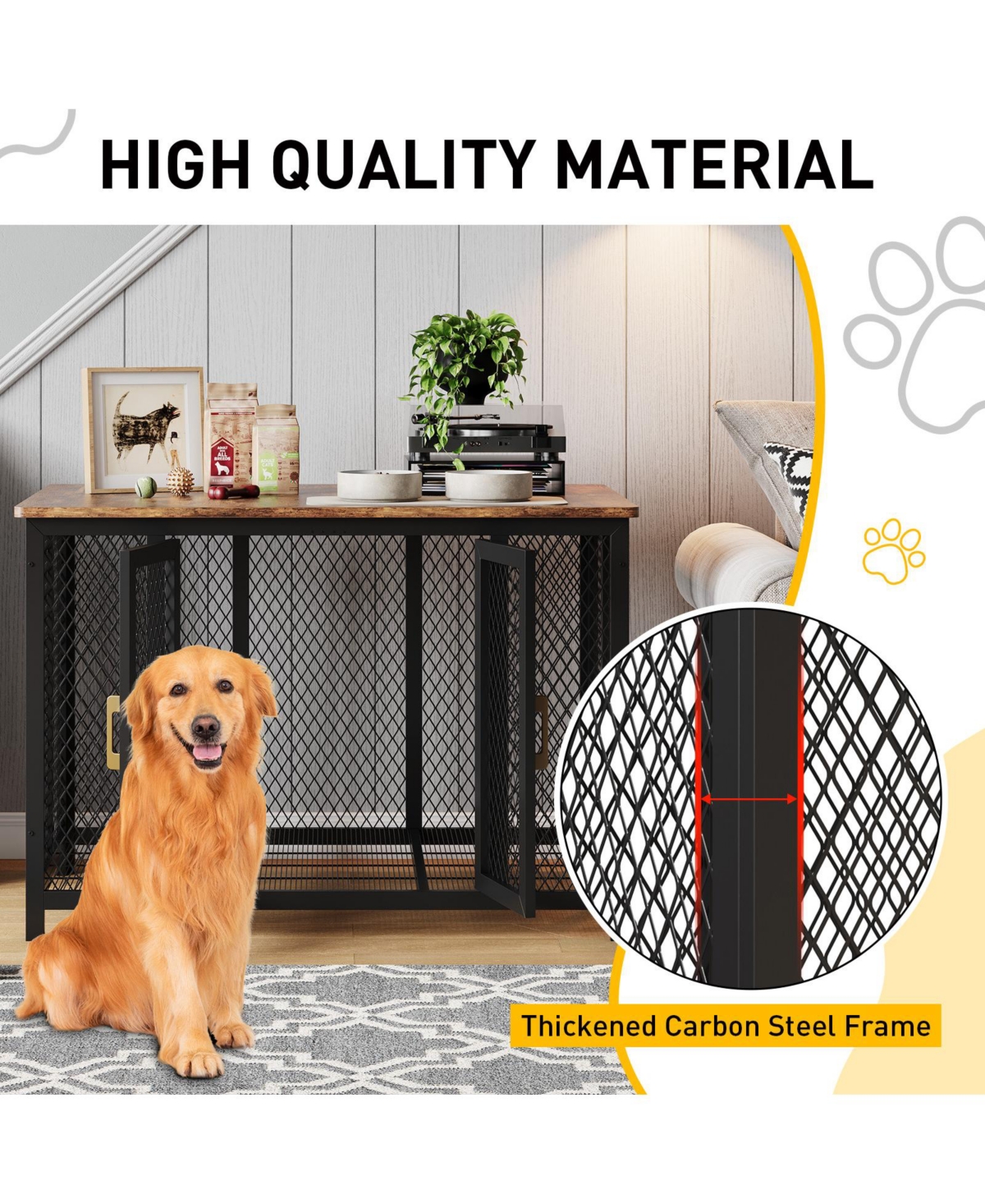 homfan Flip Top Dog Crate Furniture, 47 Inch Heavy Duty Metal Dog Cage End Table with 2 Doors and Latches for Large Medium Small Dogs