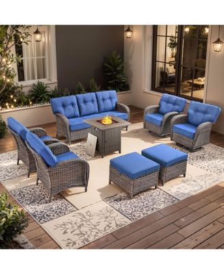 8 Piece High Back Outdoor Furniture with 5-inch Thick Cushion, Patio Furniture Set with 30" Square Fire Pit Table and Swivel Chairs