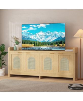 61.5" Mid-Century Rattan TV Stand for TVs up to 65", Entertainment Center with Glass Doors and Storage Cabinets