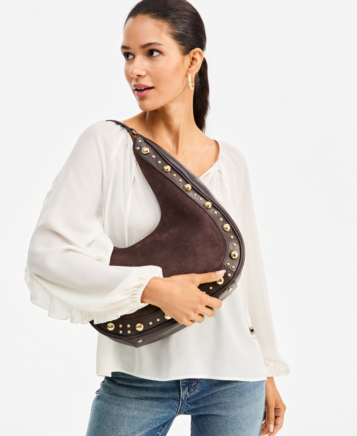 Kyel Faux Suede Studded Hobo Bag
