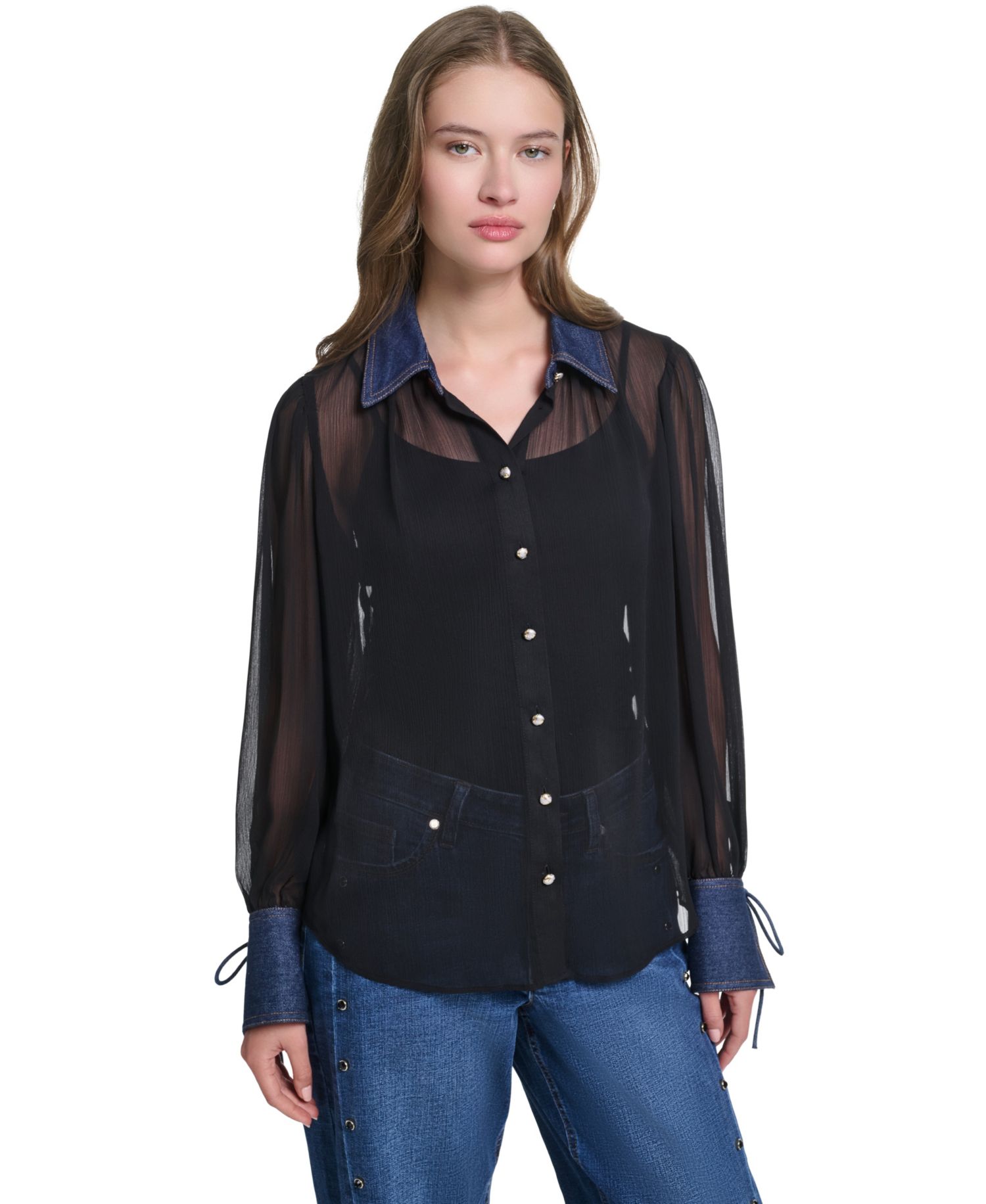 Petite Denim Collar and Cuff Crinkle Chiffon Button-Up Top