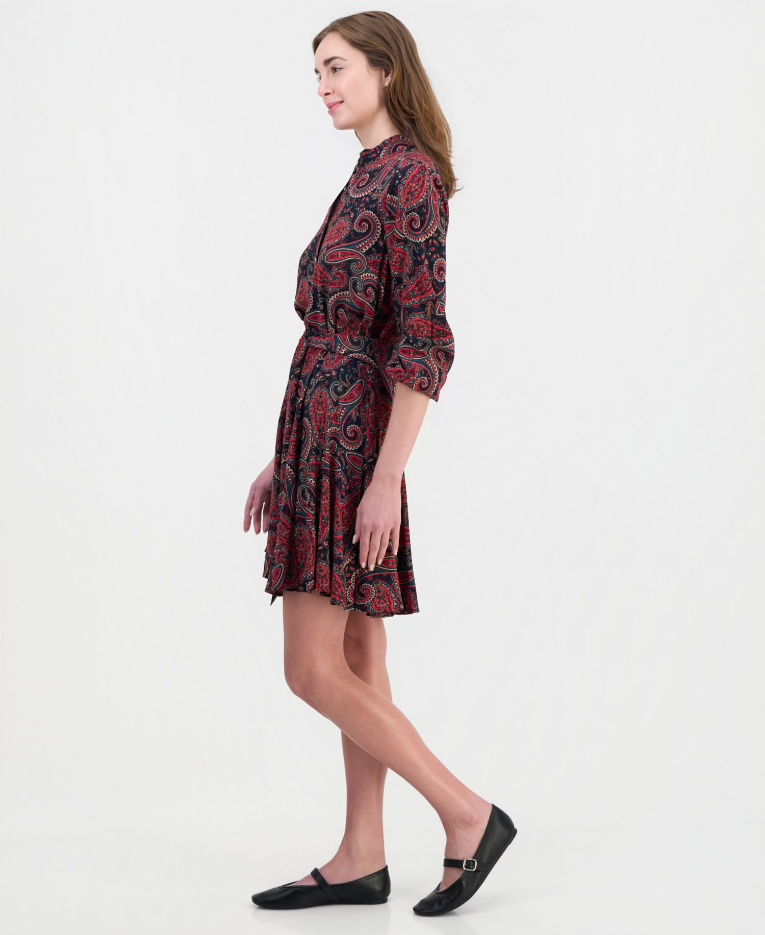 Women's Paisley Ruffle-Neck 3/4-Sleeve Shirtdress