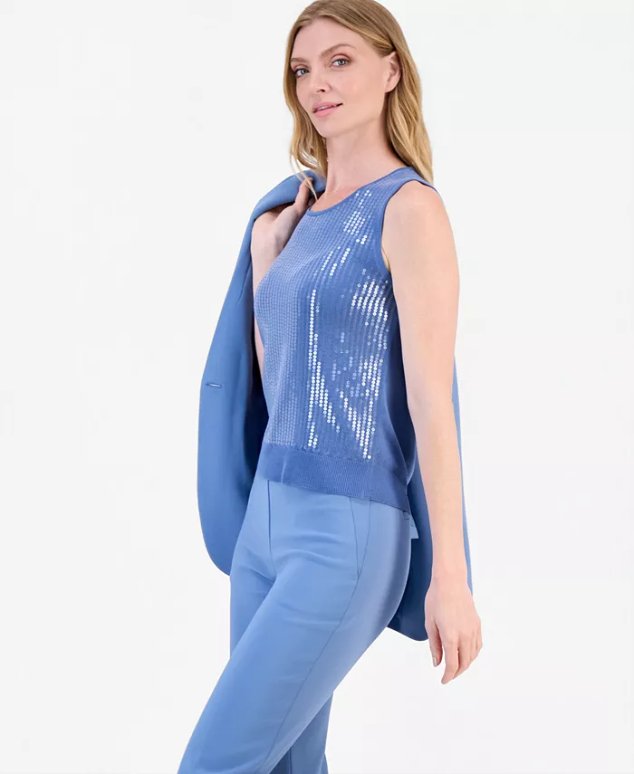Women's One-Button Blazer, Sequin Tank Top & Straight-Leg Pants - thumbnail 2