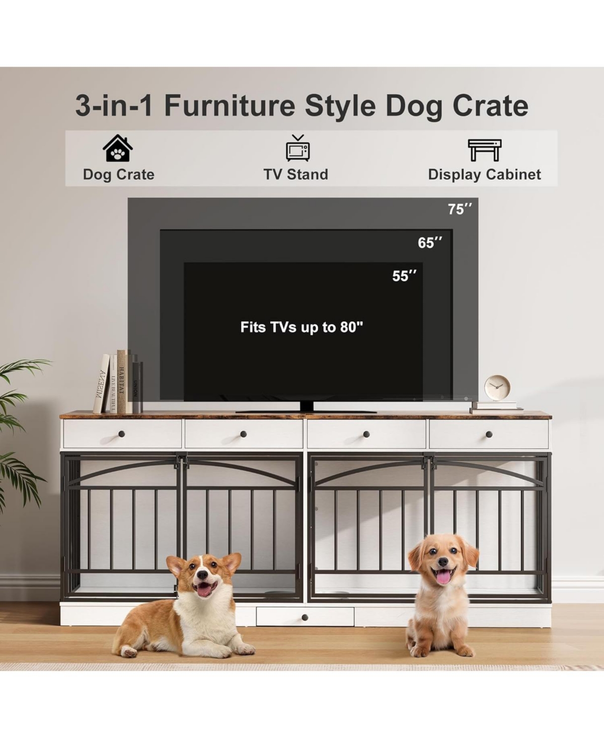homfan Double Dog Crate Furniture for 2 Small/Medium Dogs with Drawers, Doors, Feeding Bowls, Wooden Indoor Kennel & Tv Stand