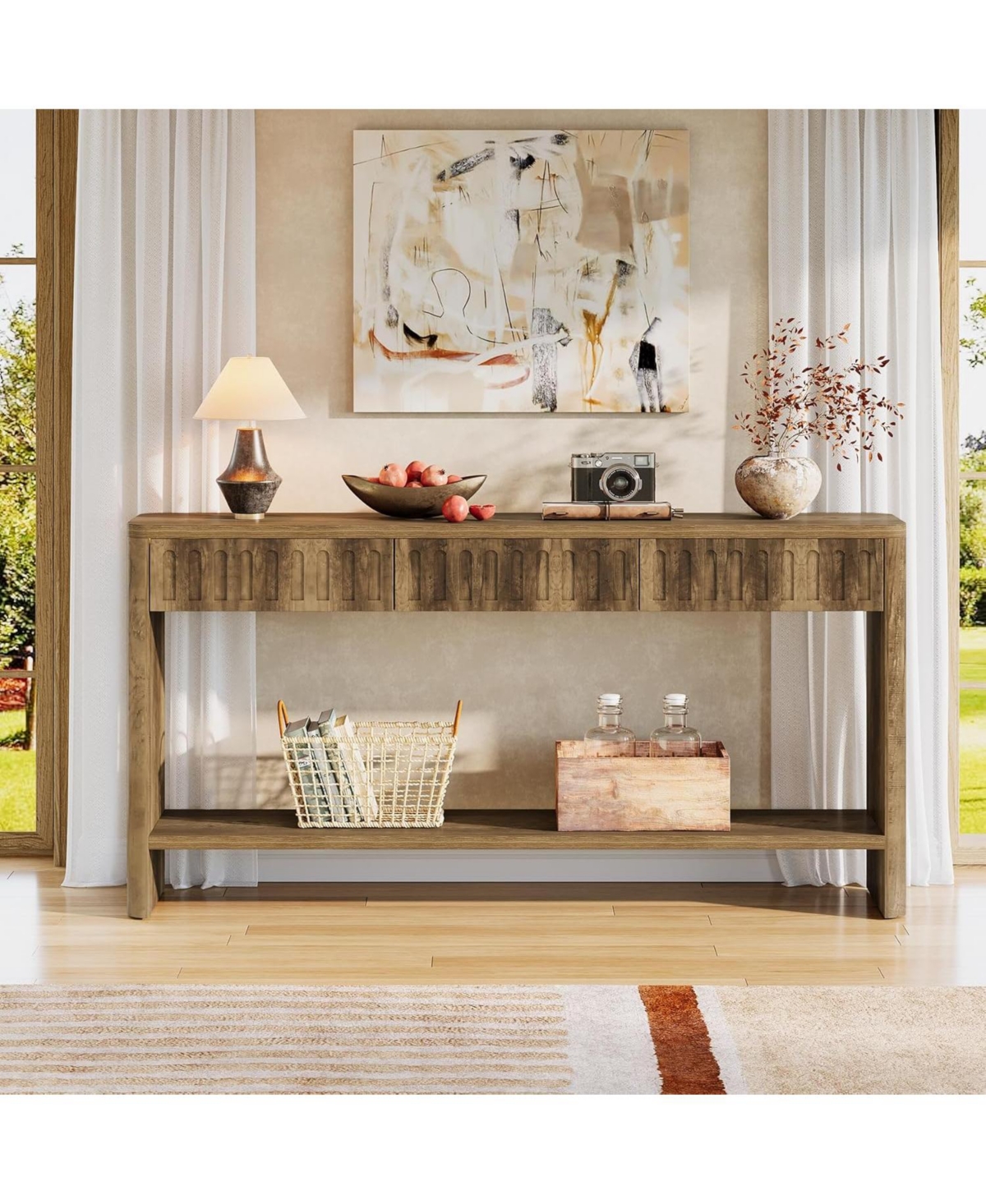 Tribesigns Farmhouse Console Table, Fluted Wood Entryway Table with 3 Drawers and Open Shelf for Behind Couch Living Room Hallway