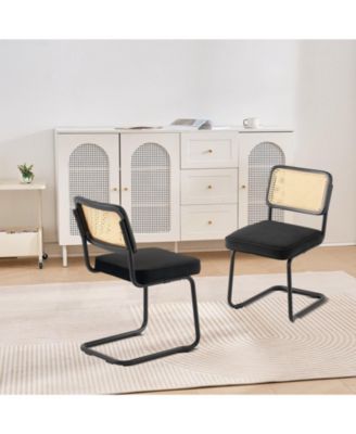 Mid-Century Rattan Dining Chairs Set of 2, Velvet Upholstered Seat