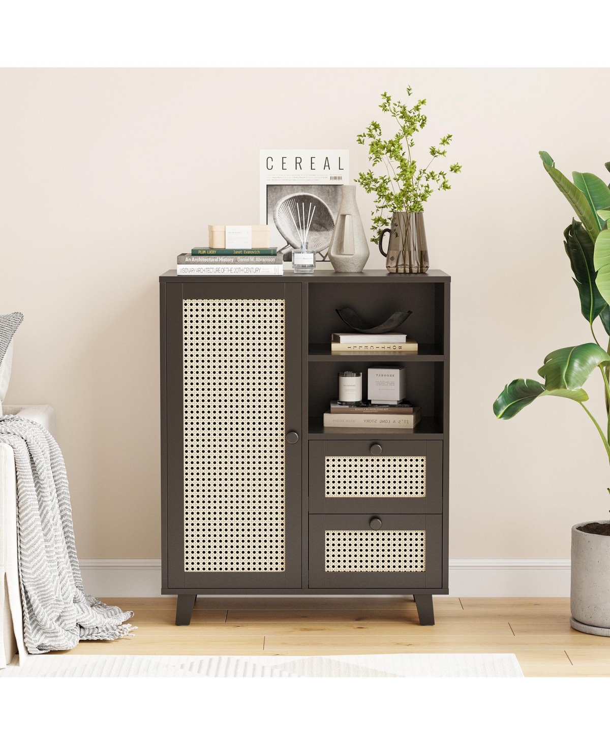 Clihome Rattan Buffet Cabinet with Adjustable Shelf And Drawers
