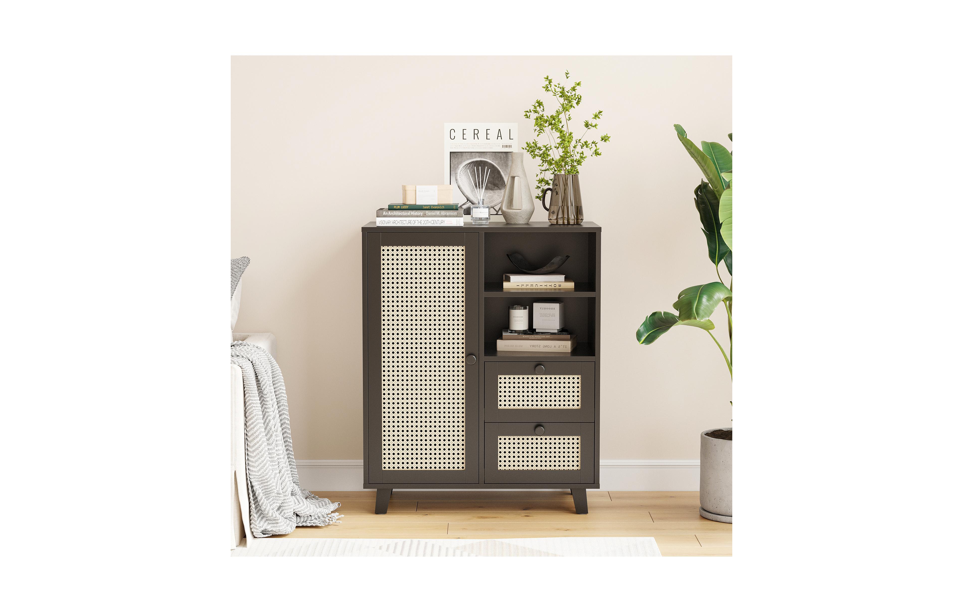 Clihome Rattan Buffet Cabinet with Adjustable Shelf And Drawers