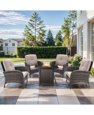 Rattan Furniture Set with Fire Pit Table Sectional Sofas All Weather Wicker Conversation for Garden Backyard