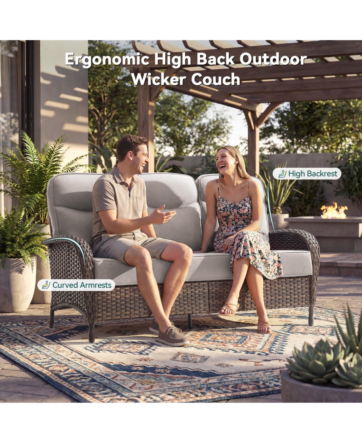 Pocassy 10 Pieces Patio Furniture Set, Outdoor Wicker Sofa Couch with Rocking Swivel Chairs Fire Pit Table, Modern Deep Seat Rattan Conversation Sets