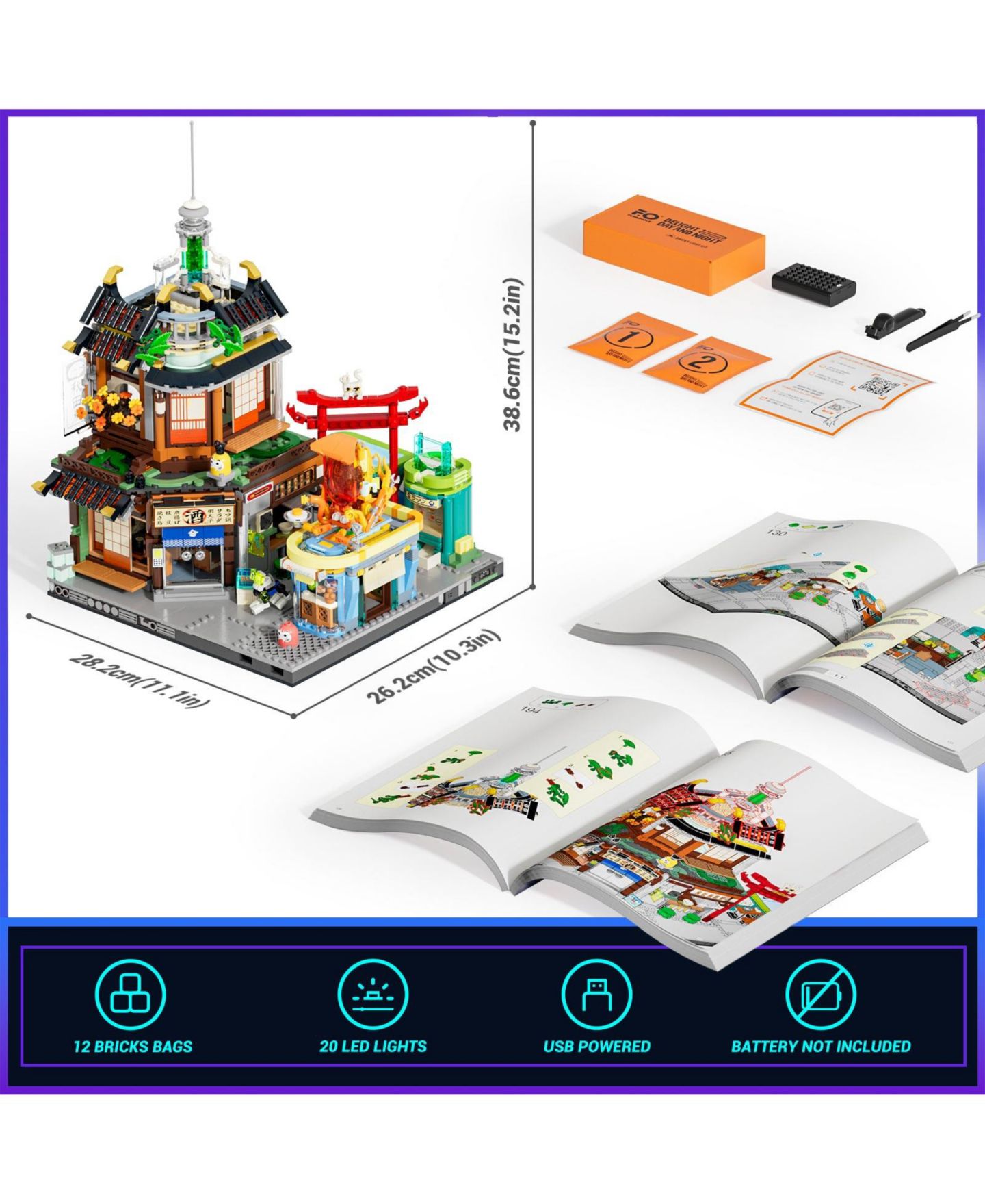 Детские конструкторы Lumibricks 1987 Pcs Cyberpunk Japanese Izakaya Neon City Building Bricks Future Pub LED Light Model Set — фото 10