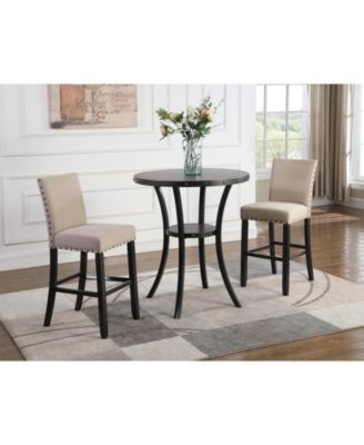 3-Piece 36" Round Espresso Bar Table Set with 2 Tan Fabric Nail Head Stools