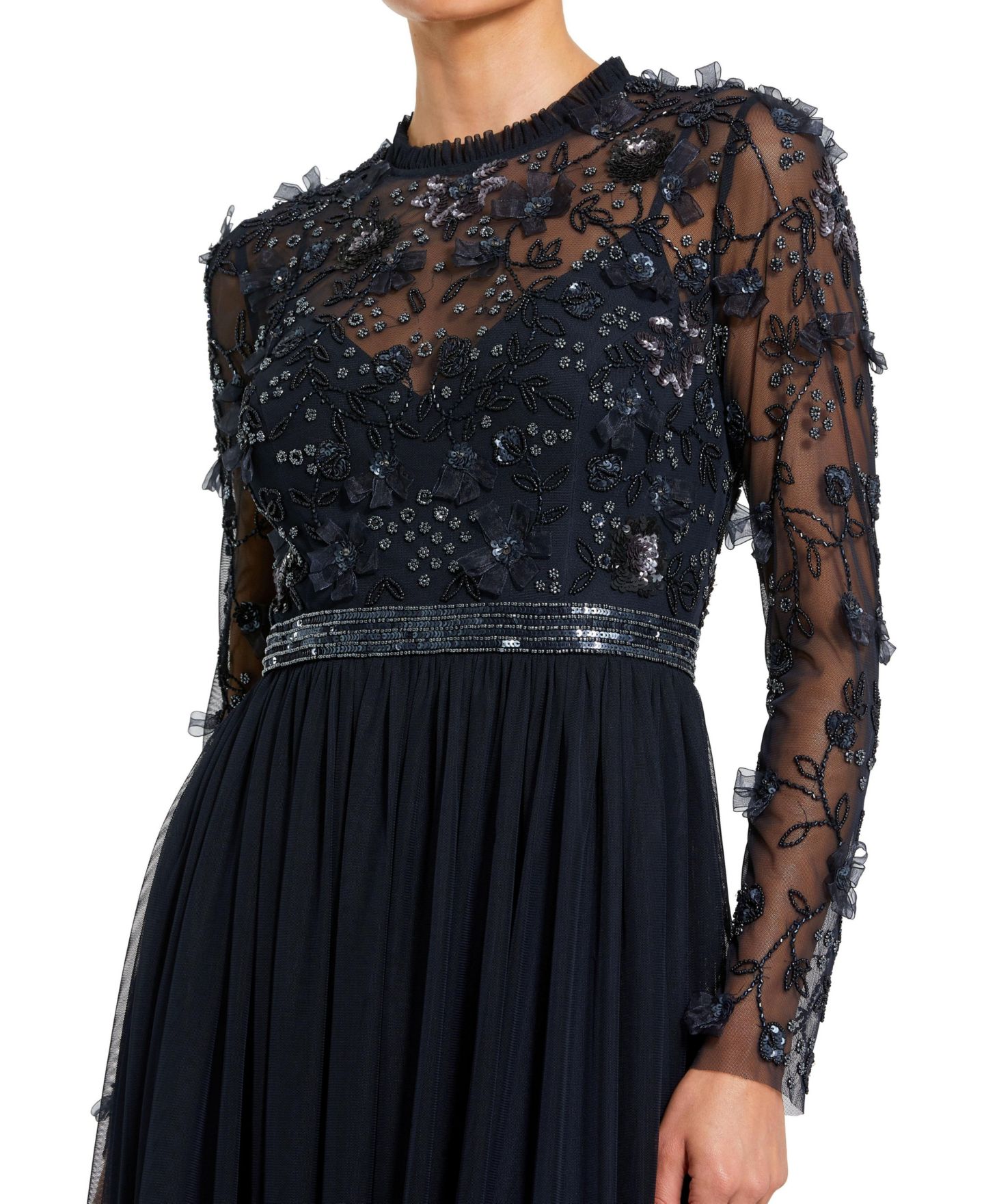 Женские платья Mac Duggal Embellished Illusion High Neck Long Sleeve Gown, цвет: Тёмно-синий — фото 3