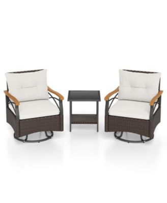3-Piece Outdoor 360-Degree Swivel Chair Set with 2-Tier Glass Side Table