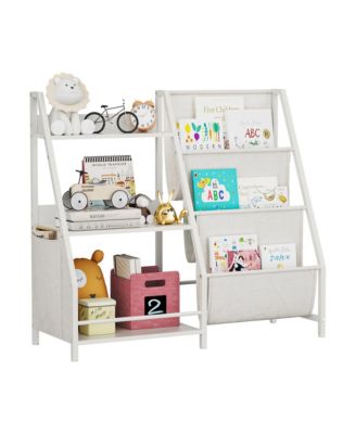 Montessori Kids Bookshelf Wooden Fabric Combined Anti-Tip Toddler Nursery Book Toy Storage Rack