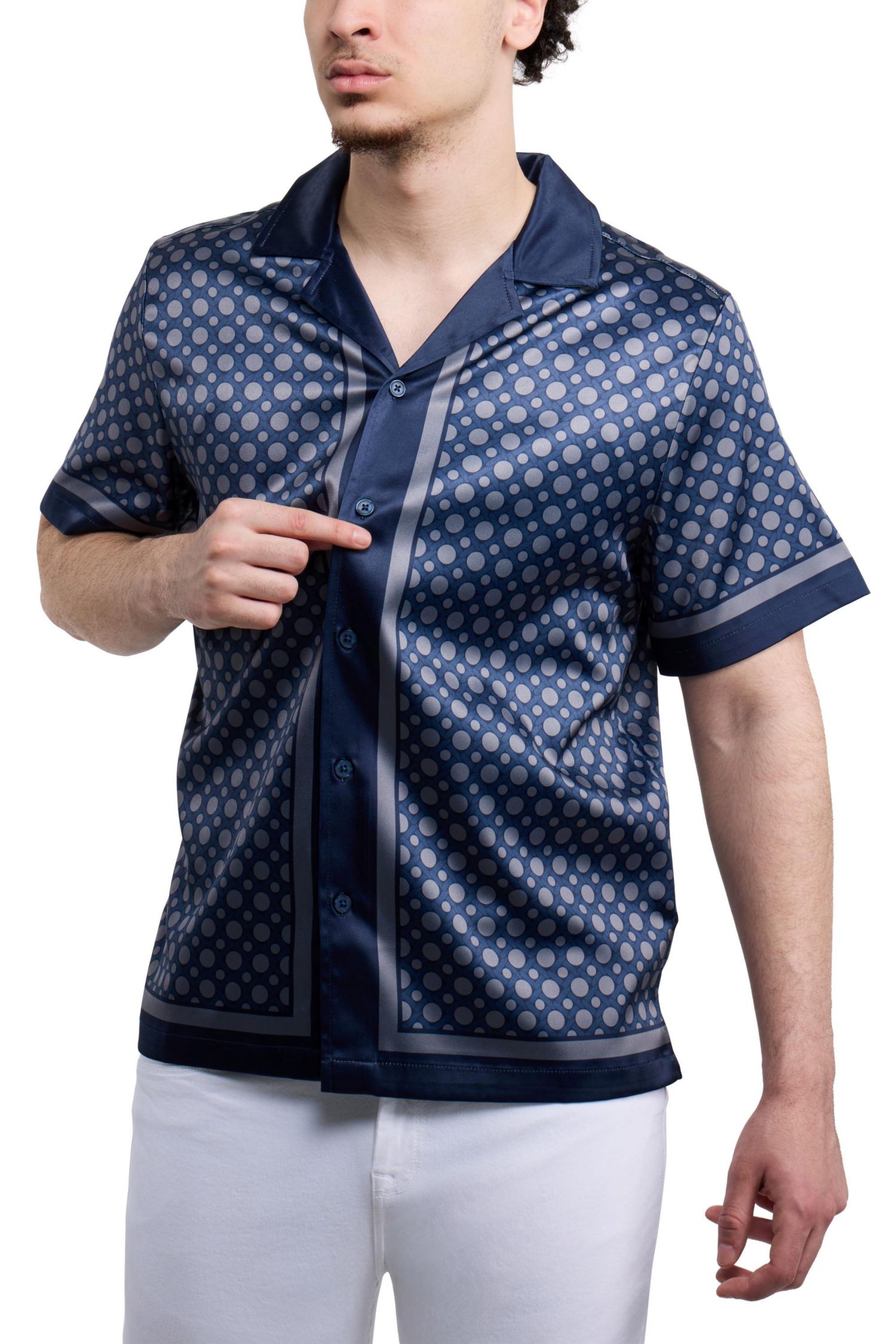 Men's Regular Fit Camp Collar Short Sleeve Printed Woven Satin Shirt