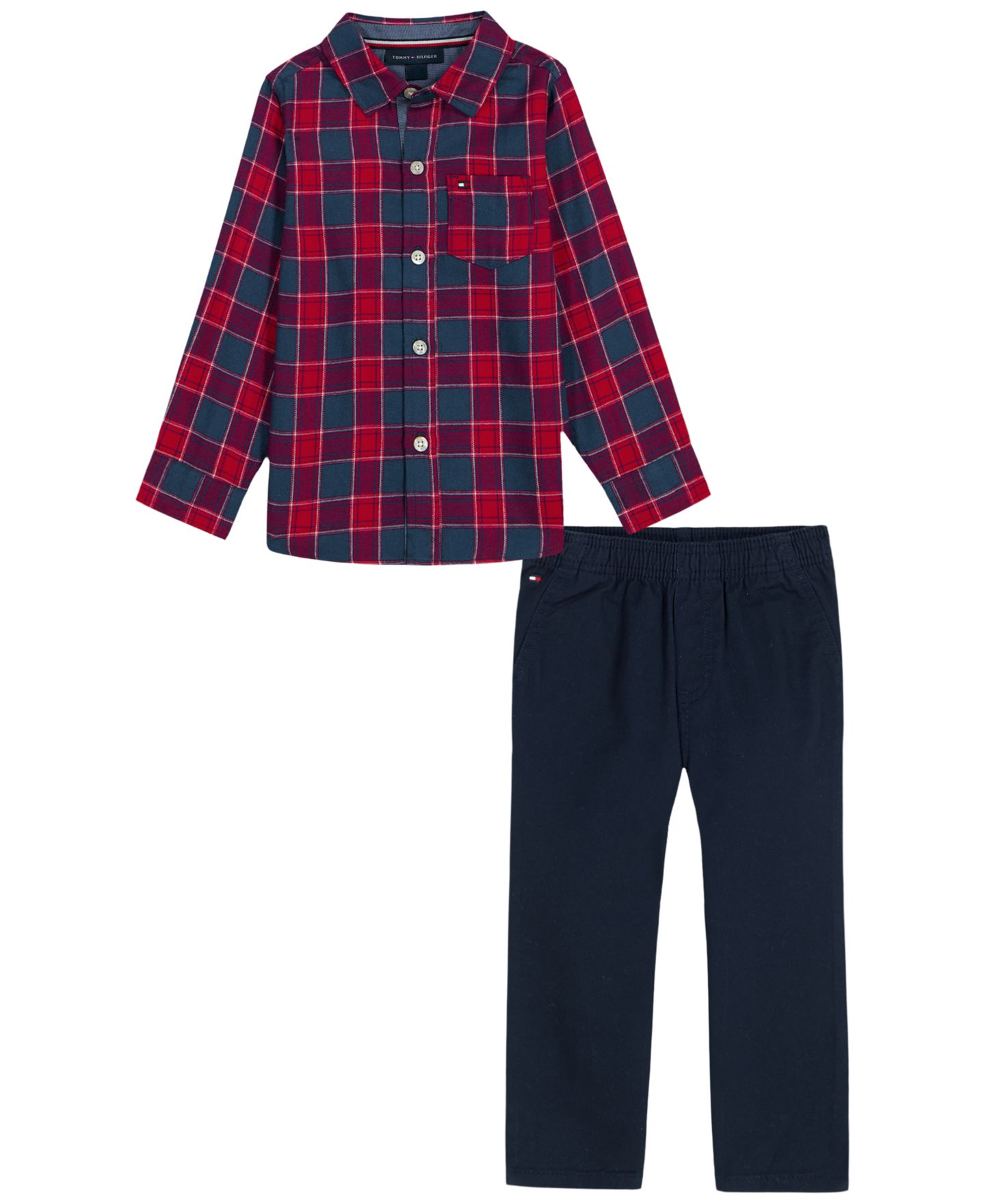Детский комплект Tommy Hilfiger для мальчиков 2T-5T: клетчатая рубашка и брюки, цвет: Красный клетчатый / Тёмно-синий — фото 6