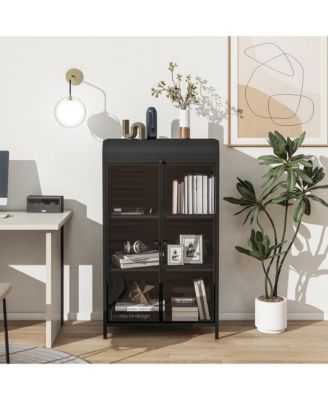 47.6 Inch Tall Metal Storage Cabinet with Glass Doors Flip Top 4-Tier Freestanding Sideboard For Multi Room Use
