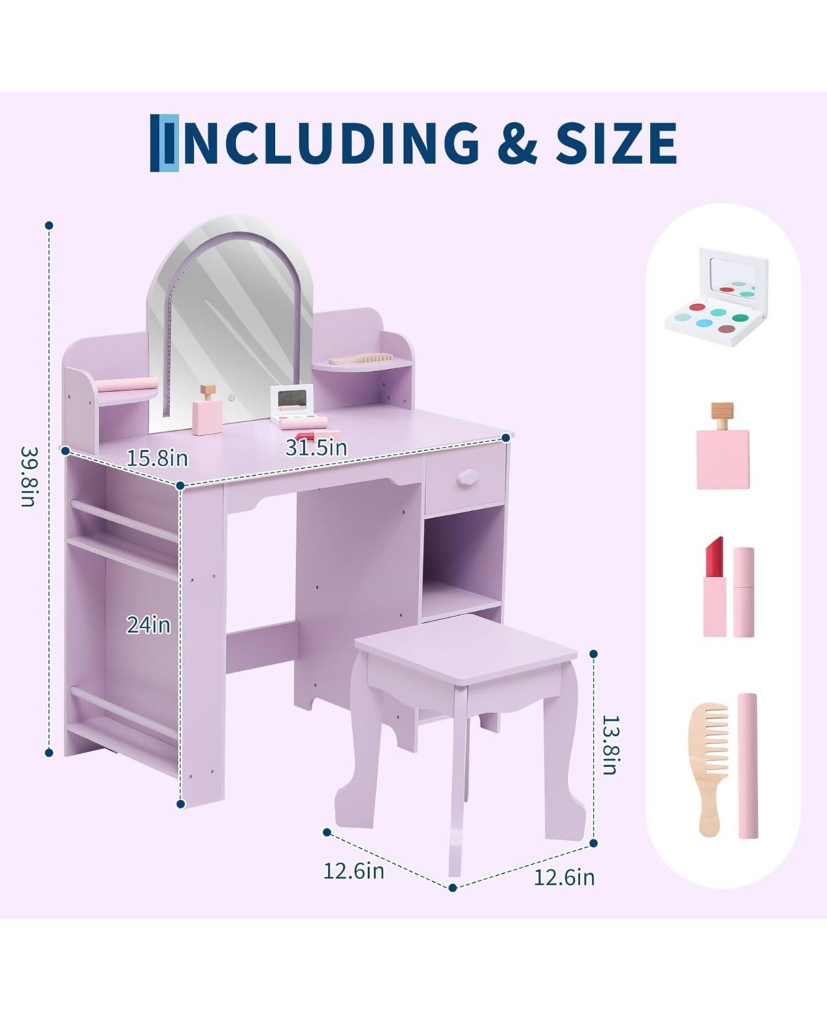 gaomon 2-in-1 Kids Vanity Set, Lighted Mirror Table with Stool, Bookshelf and Makeup Palette Kit
