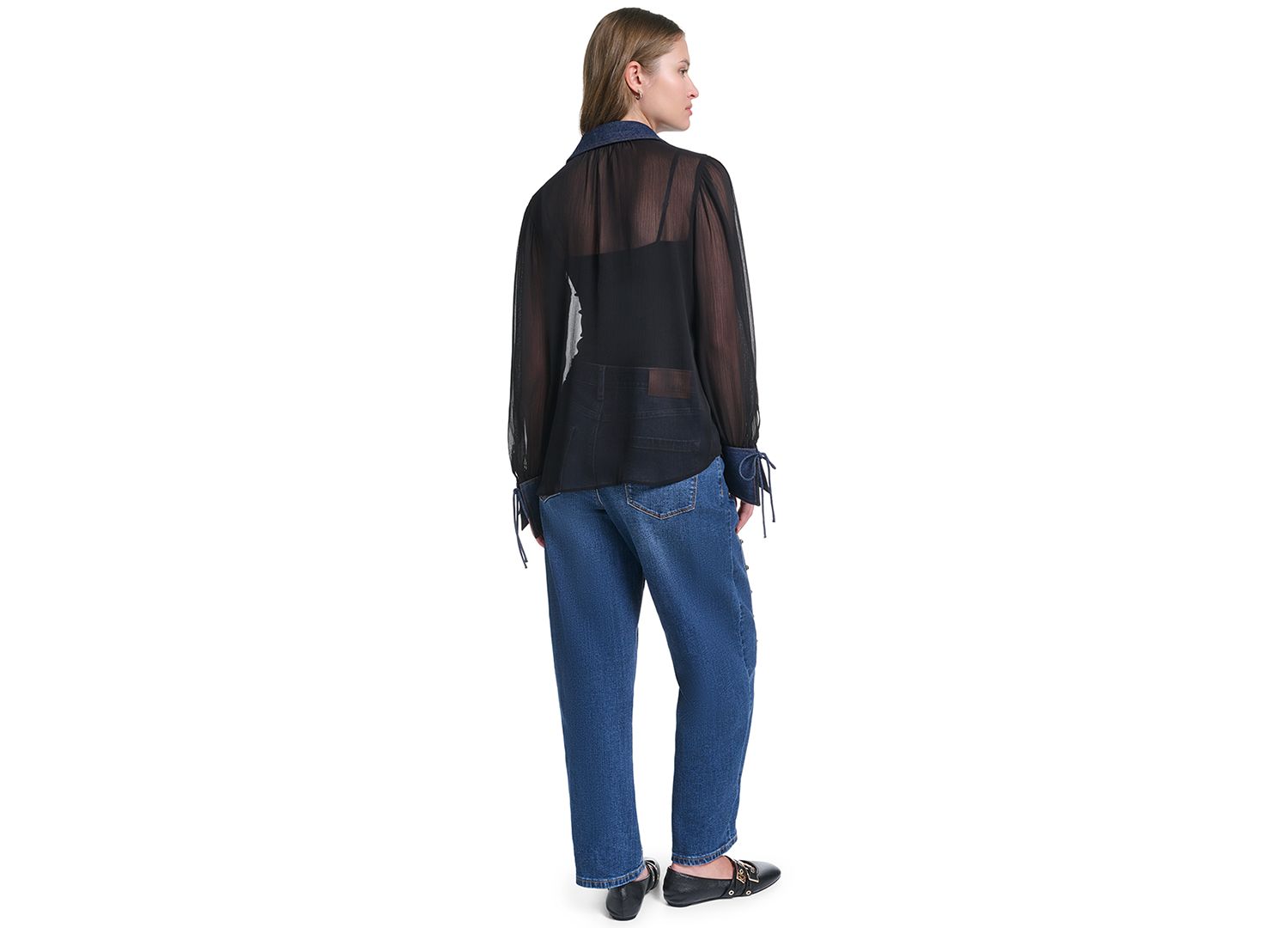 Petite Denim Collar and Cuff Crinkle Chiffon Button-Up Top