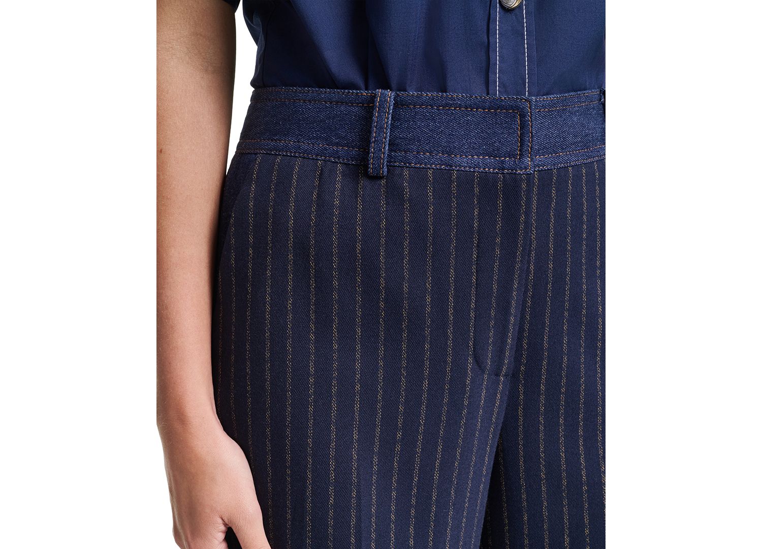 Petite Striped Straight-Leg Denim Waistband Pants