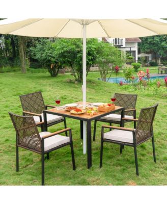 5 Piece Outdoor Patio Dining Set Coffee  PE Rattan Chair with Acacia Wood Table Top with Umbrella Hole