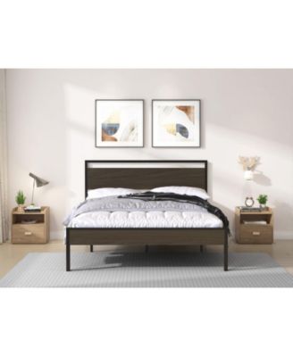 Queen Size Ceres Metal Bed with Walnut Wood Headboard and Footboard, Industrial Style, Metal Slats, No Box Spring Needed