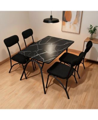 5 Piece Dining Set for 4 with Marble Tabletop, Boucle Chairs and Storage Shelf