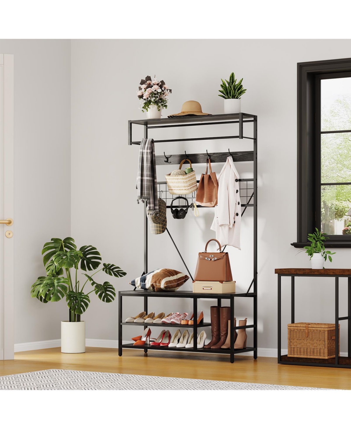 homfan Freestanding Clothes Rack, 72 Inch Metal and Wood Hall Tree with Hanging Rod Shoe Storage for Entryway