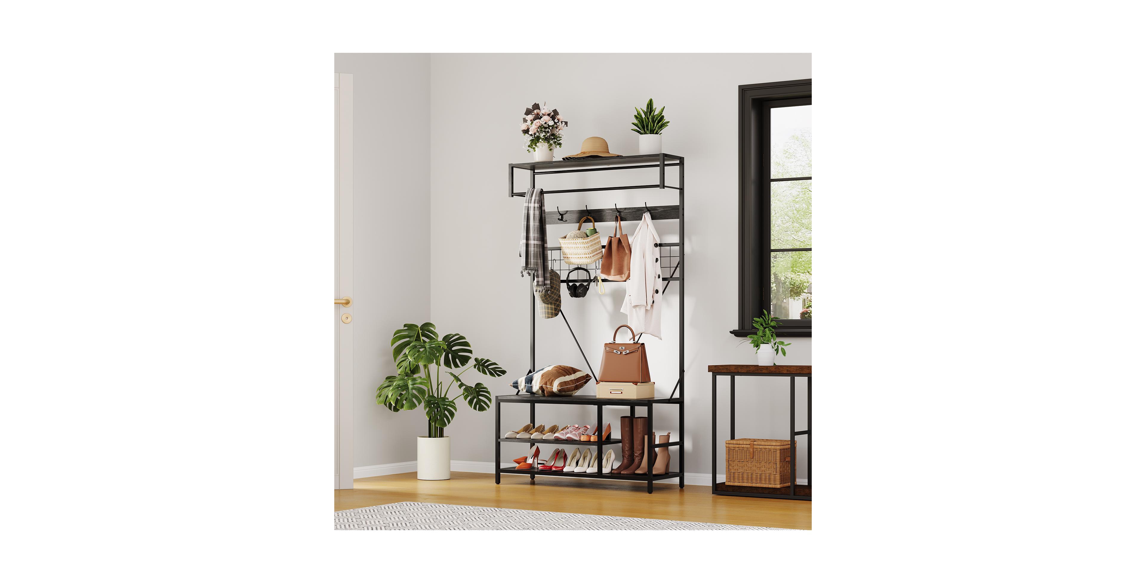 homfan Freestanding Clothes Rack, 72 Inch Metal and Wood Hall Tree with Hanging Rod Shoe Storage for Entryway