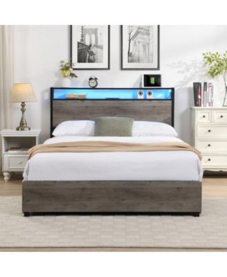 Full Size Bed Frame with Storage Headboard, USB Charging Station, RGB LED Lights, 4 Drawers, No Box Spring Needed
