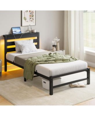 Twin Size Heavy Duty Platform Bed Frame with USB Charging Station, LED Lights, Steel Slats, No Box Spring Needed