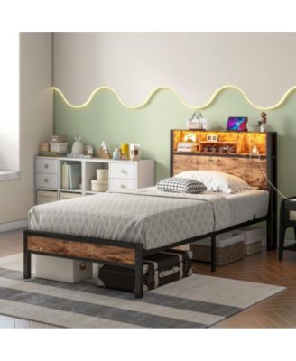 Twin Size Bed Frame with Storage Headboard, USB Charging Station, Bookcase, RGB LED Lights, Metal Slats, No Box Spring
