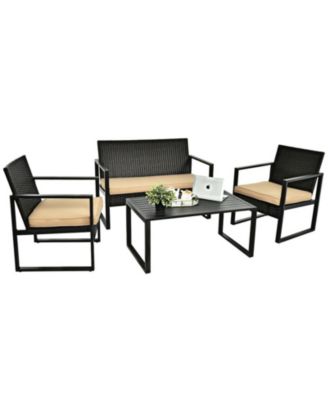 4-Piece Patio Rattan Furniture Set with Seat Cushions and Coffee Table