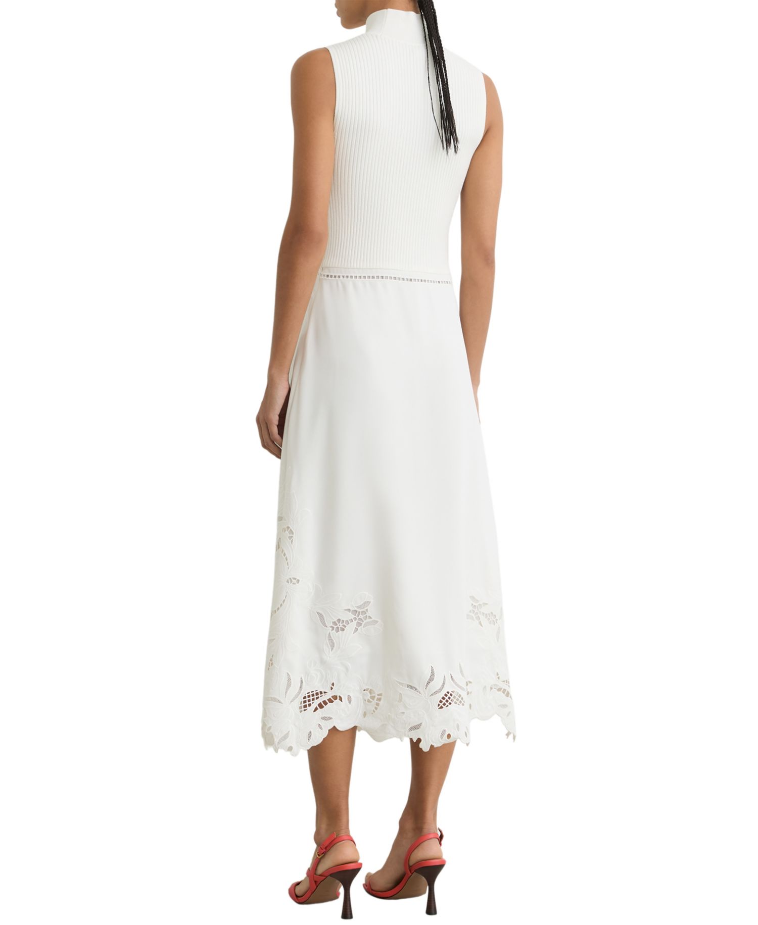 Women's Rib-Knit Mix Broderie Midi Dress