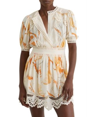 reiss floral mini dress Reiss Floral-Print Belted Mini Dress in Ivory/Blue