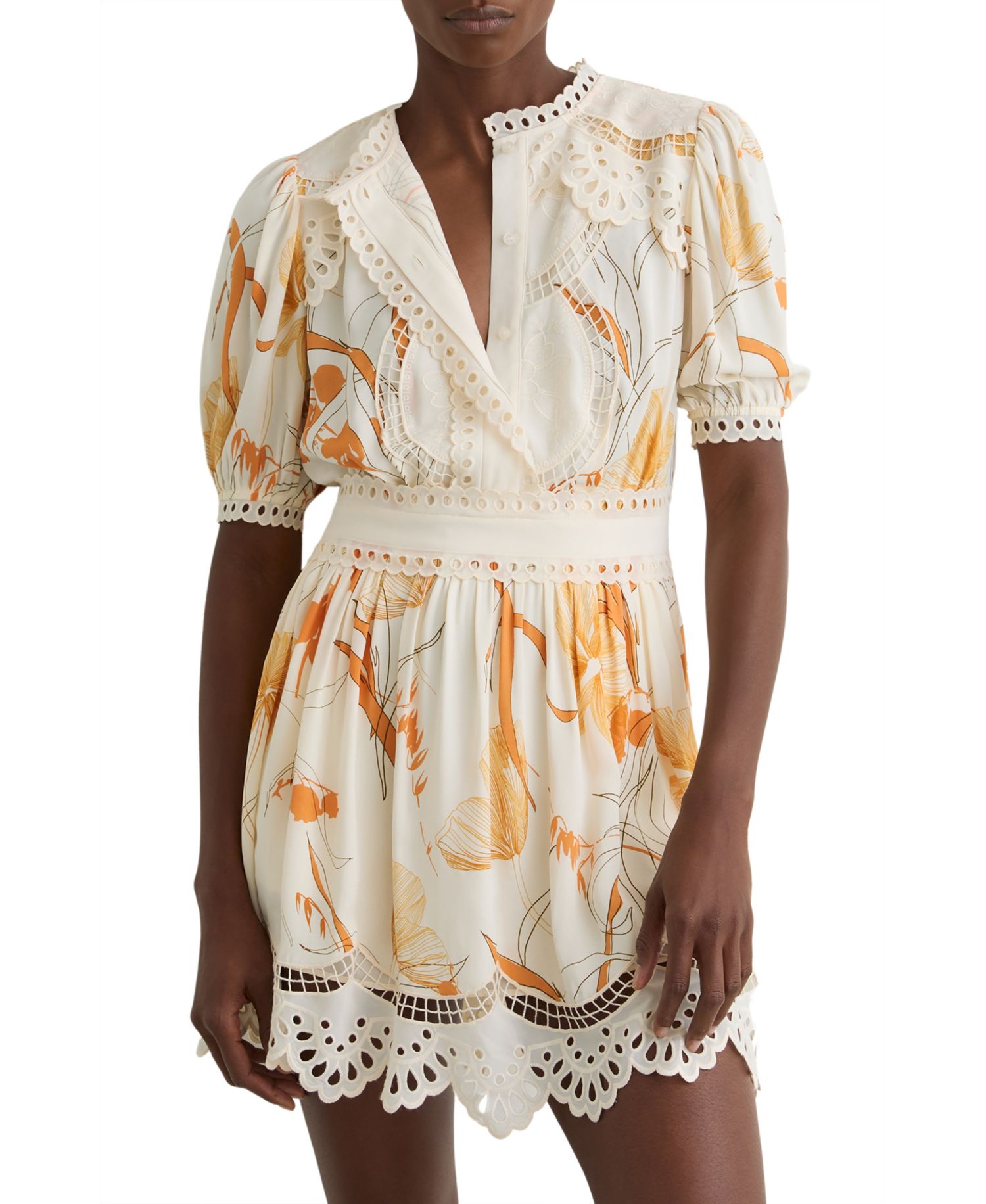 Women's Floral-Print Lace-Trim Mini Dress